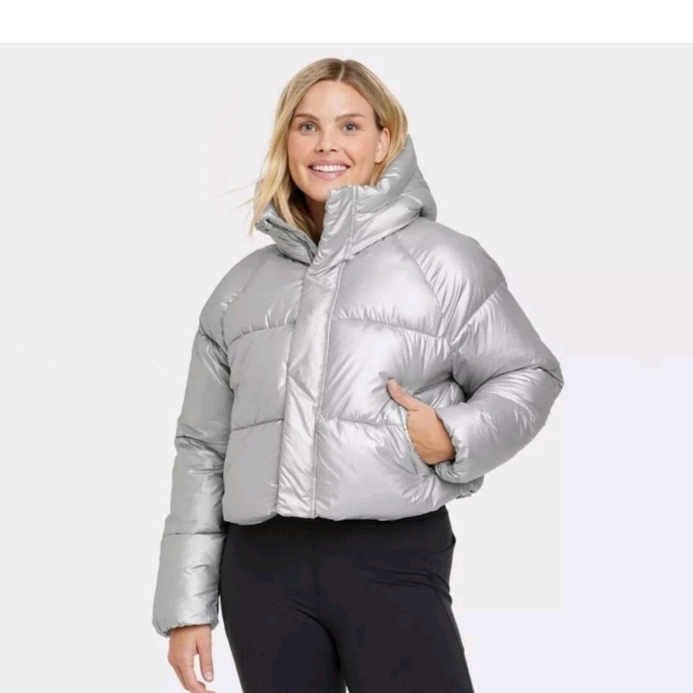 Women's Silver Puffer Jacket NEW All in Motion Target